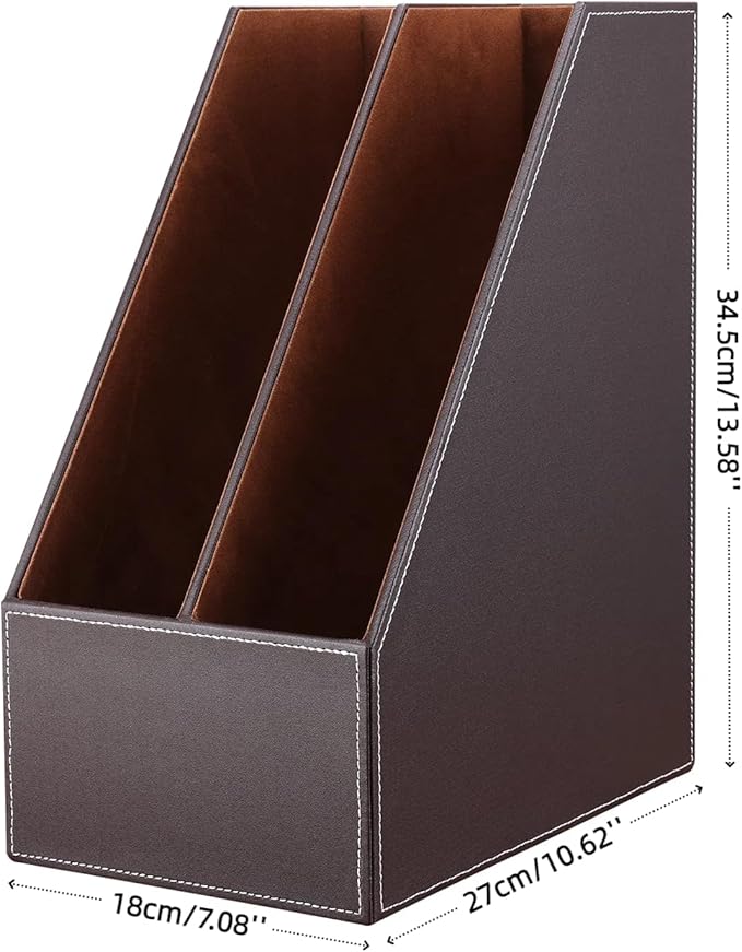 KINGFOM Wooden Leatherette Desktop File Folder Organizer and Document File Stand Journals Magazine Rack 2 Slots (brown)
