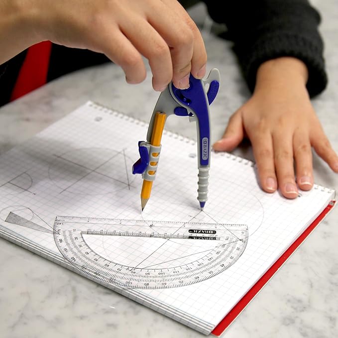 BAZIC Geometry Math Compass Set w/Scale-Arm, 6" Protractor, & HB Wood Pencil, Inch Centimeter, Mathematical Drafting Drawing Tool for Student, 4-Pack