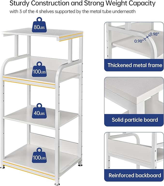 4 Tier White Printer Stand Table with Adjustable Shelves, Movable Printer Shredder Stand with Wheels for Home Office Storage and Organization, Rolling Cart for Computer Tower CPU