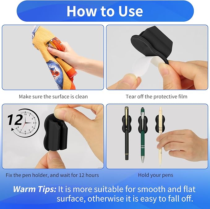 Adhesive Pen Pencil Holder for Desk Wall, 12PCS Marker Holder for Whiteboard Silicone Pen Holder for Clipboard Office Essentials Teacher Supplies (12PCS Black)