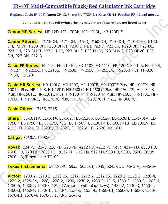 (3 Pack) Calculator Ink Roller Fits Sharp EL-1801V EL-1750V EL-1611V Casio HR-170RC HR-200RC HR-300RC Canon P23-DHV-3 and More Black/Red IR-40T CP-13 EA-772R Compatible/Replacement by COMPUMATIC