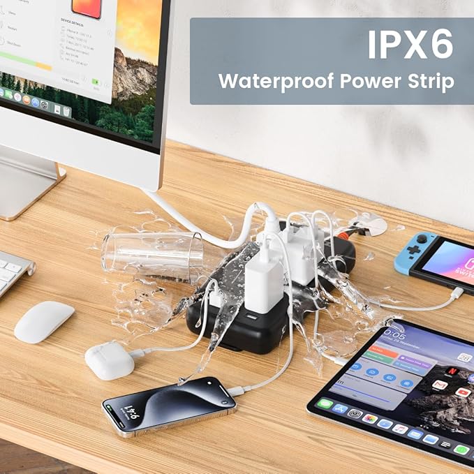 Power Strip Weatherproof, 10-in-1 Surge Protector with 6 Wide Outlets 2USB A and 2USB C,1875W/15A, 6FT Flat Plug Multi-Plug Outdoor Extension Cord for Indoor Outdoor, UL FCC Listed