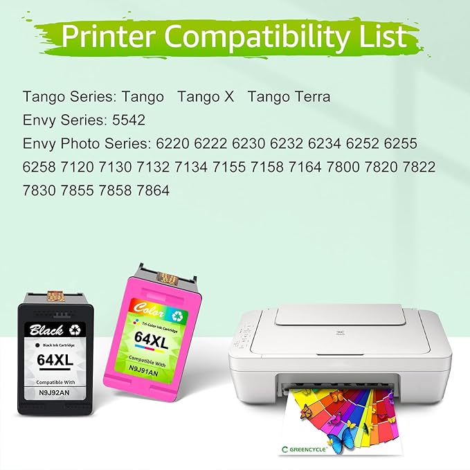 greencycle Remanufactured High Yield Ink Cartridge Replacement for HP 64 XL 64XL N9J91AN N9J92AN Compatible with Envy Photo 7858 7855 7155 6255 7158 7164, Envy 5542 Printer (1 Black, 1 Tri-Color)