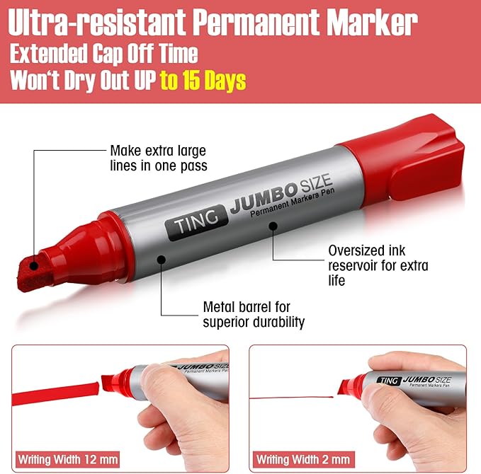 Fuutreo 32 Pcs Jumbo Permanent Markers Bulk Large Chisel Tip Permanent Markers Waterproof Jumbo Pens Quick Drying Office Teacher Supplies(Red)