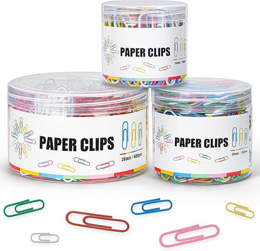 1000 Paper Clips Assorted Sizes, Large, Medium, and Small Colored Paper Clips, Durable, Rustproof, Great for Office Supplies, School, Home Organization(50mm, 33mm, 28mm)