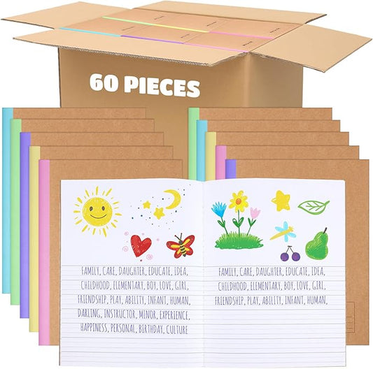 Henoyso 60 Pcs Primary Composition Notebook 9 3/4 x 7 1/2 Inch Kids Journal, Back to School Supplies, K-2 Primary Writing Notebook for Kids Student Draw and Write Story Journal (Colorful Macaron Color)