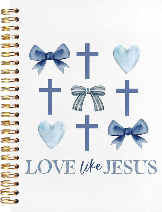 BearCake Love Like Jesus Christian Notebook Journal, Christian Gifts for Women, Blue Coquette Bow Cross Prayer Journal for Woman, Bible Journaling Hardcover Spiral Notebook 5.5x8.3