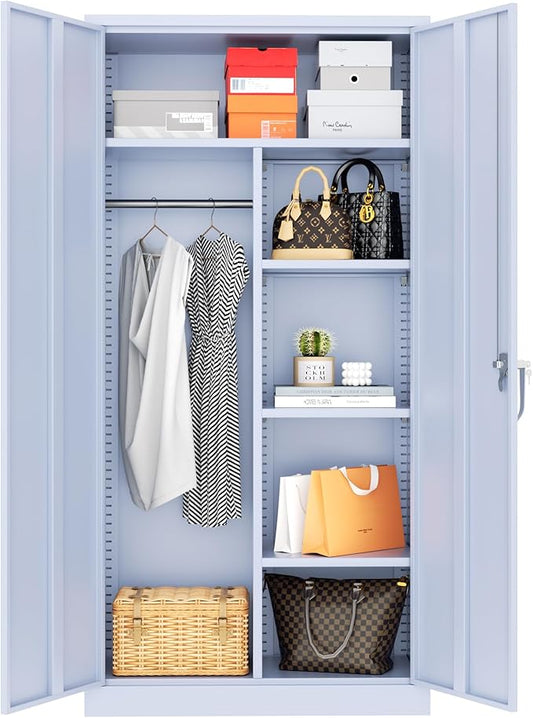 Greenvelly Metal Storage Wardrobe Cabinet with Lock, 72" Dark Grey Metal Wardrobe Closet for Hanging Clothes with Doors and Shelves, Modern Clothes Closet for Home, Office and Bedroom, School,Gym