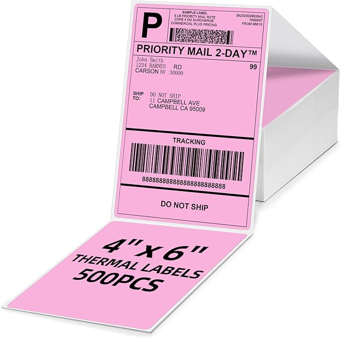 4x6 Pink Thermal Labels, 1 Packs of 500 4x6 Fold Labels - Compatible with JADENS, ASprink, Phomemo, Rollo, Zebra, Omezizy and Other Thermal Printers
