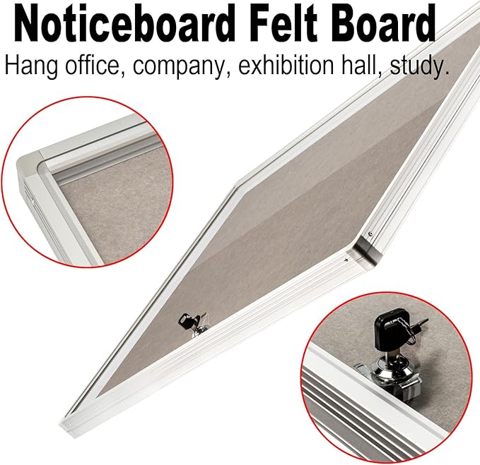 BIBOC Enclosed Felt Bulletin Board 36x24 inch Lockable Cork Noticeboard Display Cases Tamperproof Notice Poster Memo Board with Class Aluminum Frame (Felt, 24×36 inches)