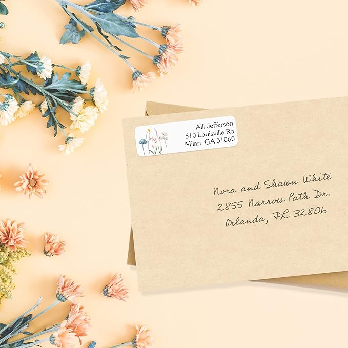Wildflower Rolled Address Labels / 500 Personalized Return Address Labels/Designer Address Stickers in Elegant Plastic Dispenser
