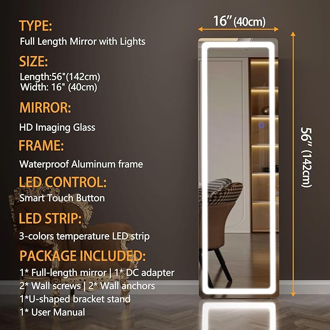 Hasipu Full Length Mirror with Lights, 56" x 16" LED Floor & Wall Mounted, Full Body Dressing Mirror for Bedroom, Living Room, Cloakroom – Round Black