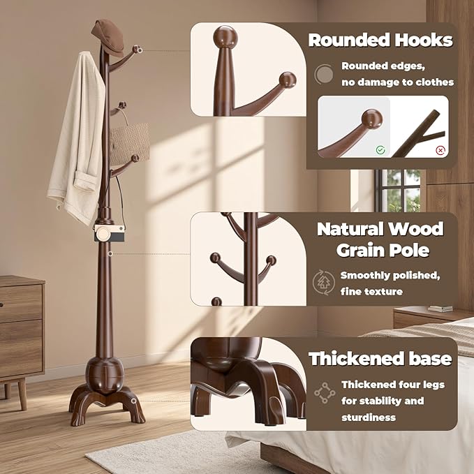 Wood Coat Rack Freestanding, Solid Wooden Hall Tree with 8 Hooks, Coat Tree Freestanding Heavy Duty with Stable Base, Entryway Hallway Bedroom Office Use, 240lbs Load Capacity H:71.6in (Black-Red)