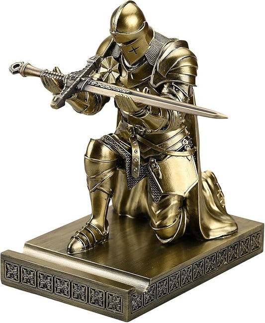 Medieval Armored Warrior Wearing Outerwear, Mobile Phone Stand Knight Pen Holder Desk Organizers, Resin Bookends Paperweight with a Letter Opener for Desk (Bronze)