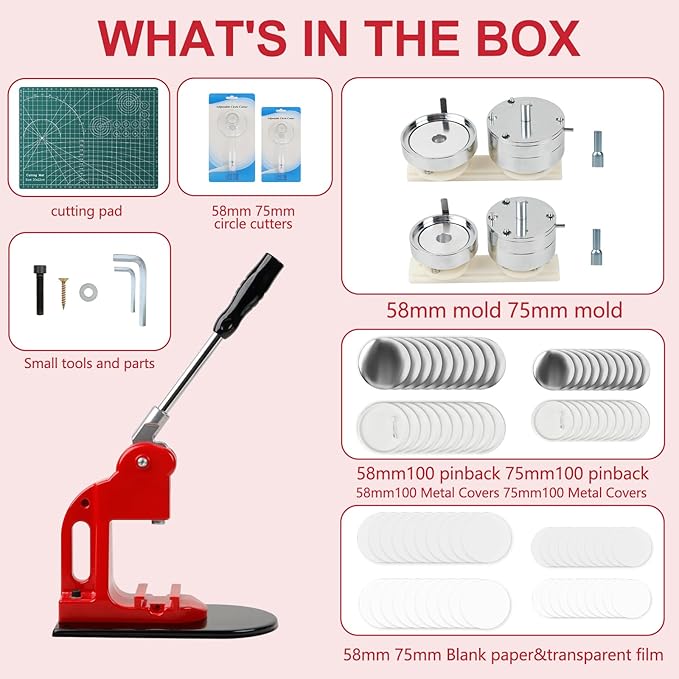 Button Maker Machine Set, Multiple Sizes Button Maker Machine 58+75mm, Push Pull Button Press Machine，Pin Maker Machine with Circle Cutter and Cutting Mat, Come with 200 Button Parts Supplies