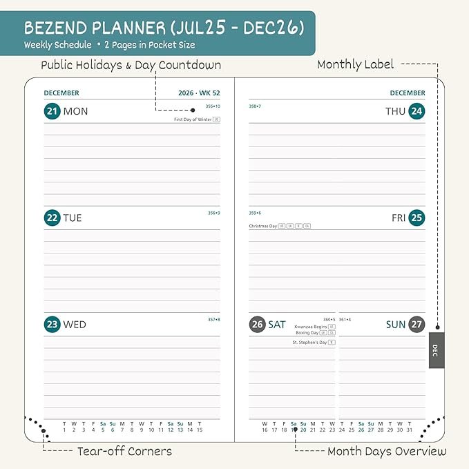 BEZEND Pocket Planner 2025-2026 Weekly and Monthly, 3.5" x 6" Academic Planner (Jul 25-Dec 26) 18-Month Mid-Year Calendar Book, Storage Pocket, Pen Holder, PU Leather Hardcover - Lavender