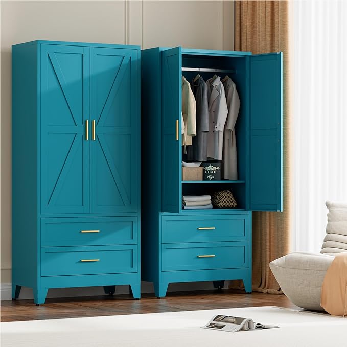 71" Tall Metal Wardrobe Cabinet with 2 Drawers and Hanging Rod, 2 Doors Armoire Wardrobe Closet with Shelf for Bedroom, Office, Laundry Room, Blue