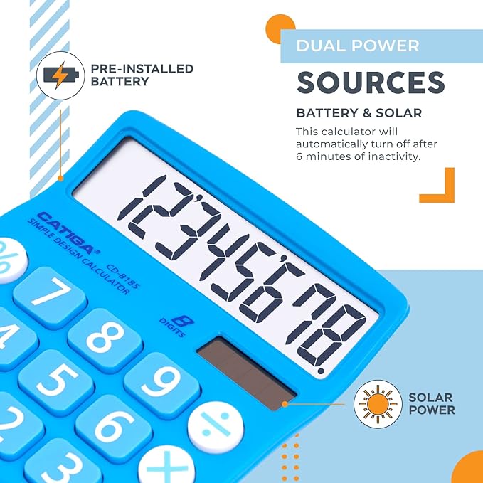 CATIGA Desktop Calculator 8 Digit with Solar Power and LCD Display, Big Buttons, for Home, Office, School, Class and Business, 4 Function Small Basic Calculators for Desk, CD-8185