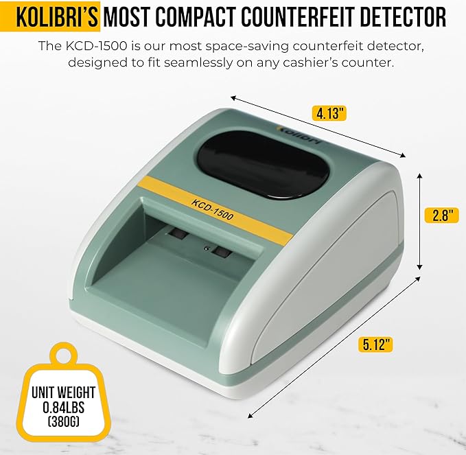 Kolibri KCD-1500 4-Way Orientation USD Counterfeit Money Detector and Bill Value Reader with UV, MG and IR Detection for Small Businesses (Battery not Included)