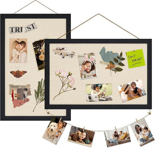 Egofine Cork Board Bulletin Board with Linen, 16x11 Wood Frame Pin Board Wall Decor, 2 Pack Cork Boards for Walls, Hanging Horizontal or Vertically for Office Home Decor School Kitchen, Black