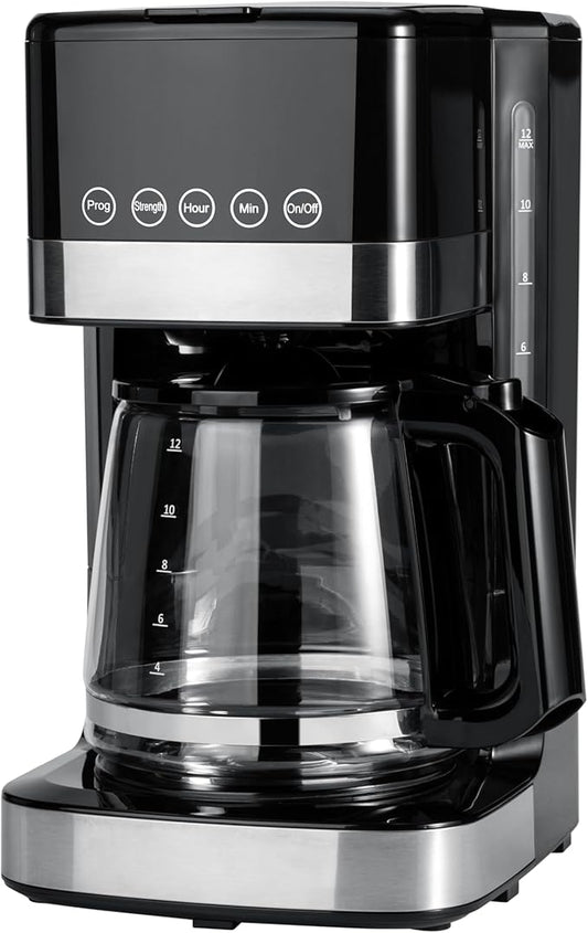 Amazon Basics Programmable 12 Cup Drip Coffee Maker, Coffee Machine with Glass Coffee Pot (1.9 Qt), Auto Shut-off, Touch Screen, Auto Pause, Removable Filter Basket, Black & Silver