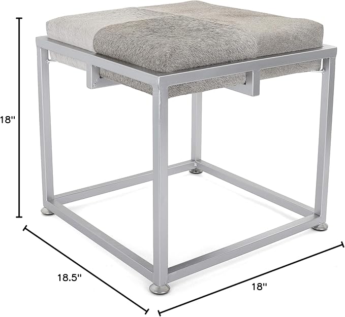 Rutledge & King Cowhide Ottoman/Vanity Stool - Square Ottoman Stool - White Ottoman/Grey Ottoman Foot Rest - Cowhide Grey & White Stool - Gold Stool - Cow Ottoman - Cow Fur Stool (Silver)