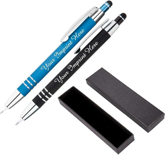 ExpressDesigns™ - Personalized Pens Gift Set - 2 Pack of | LED Flashlight Soft Touch Metal Pens w/gift box | Luxury Ballpoint Pen Custom Engraved with Name or Message | Light Up Pens (Black - Blue)