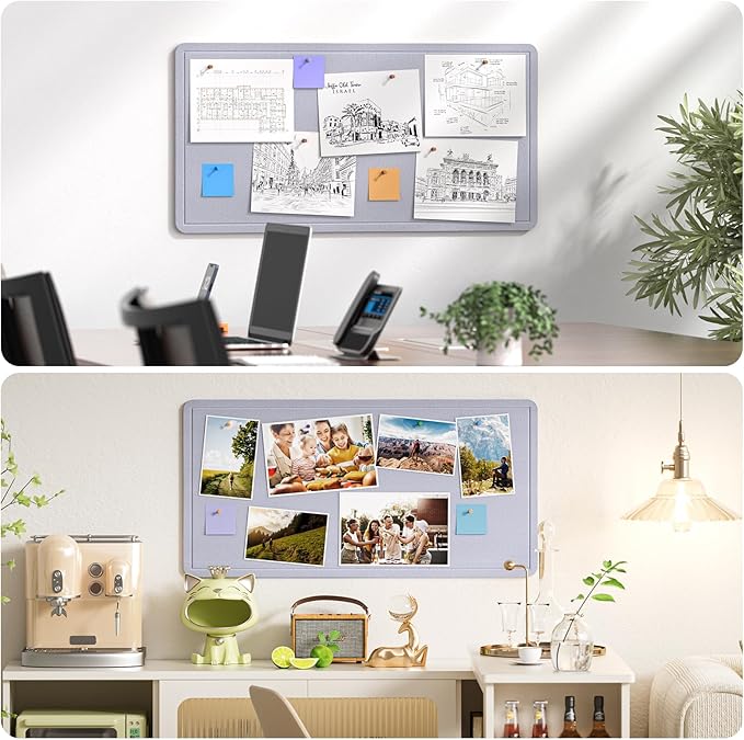 MaxGear Bulletin Board 35" x 17.5", Foldable Small Felt Board Vision Board Supplies, Cork Board for Office, Home, School, Pin Boards for Walls Decorative Picture Framed Display Board Gray