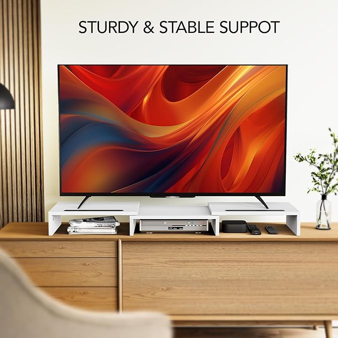 AMERIERGO Dual Monitor Stand Riser- 3 Shelf Screen Stand with Adjustable Length and Angle, 2 Extra Functional Slot Desktop Organizer Stand for PC, Computer, Laptop (White)