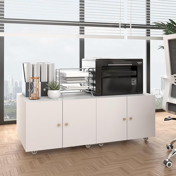 Under Desk Printer Stand with Wheels, Low Printer Stand Storage, Filing Cabinet with Paper Storage Shelf, File Carts with 2 Doors, Mobile Printer Holder for Home Office, School, White