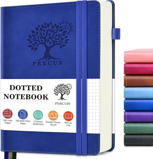 PERCUN Dotted Journal Notebook for Men & Women, 160 Pages Dot Grid notebook for Note Taking, Bullet Journaling Notebook for Work, School, Travel, Writing, A5 Hardcover 5.9" x 8.5"(Navy)