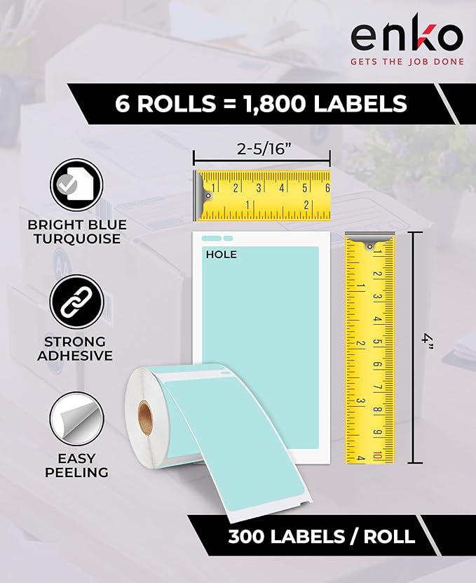 enKo [6 Rolls, 1800 Direct Thermal Labels] Blue Turquoise Colored Compatible for Dymo 30256 Label (2-5/16 x 4") Use with Dymo, Rollo Thermal Printer as Shipping & Mailing Labels