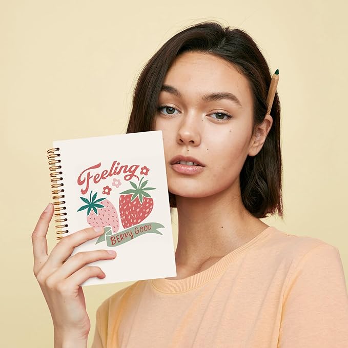 JXREQ Trendy Preppy Pink Strawberry Notebook Girly Journal Notebook for Women School Office Supplies, Notebooks for Note Taking Writing, Girly Spiral Notebooks 5.5x8.3
