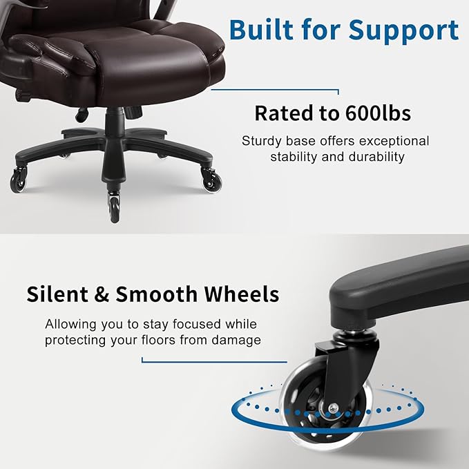 Big and Tall Office Chair 600lbs, Heavy Duty Executive Office Chair for Heavy People, Brown High Back Office Leather Ergonomic Chair with Adjustable Armrests and Lumbar Support for Computer Desk Chair
