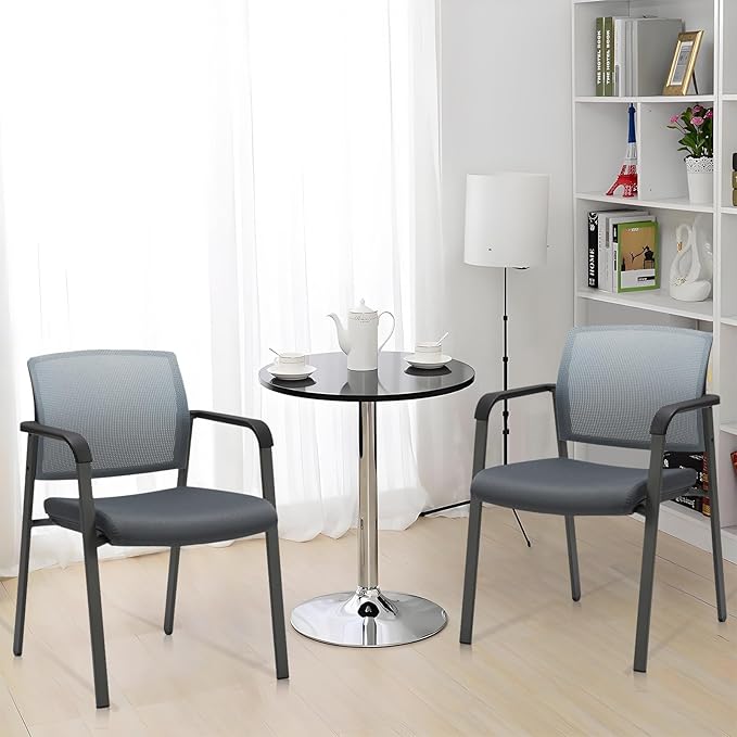 CLATINA Mesh Back Stacking Arm Chairs with Upholstered Fabric Seat and Ergonomic Lumber Support for Office School Church Guest Reception Grey (Gray-4 Pack)