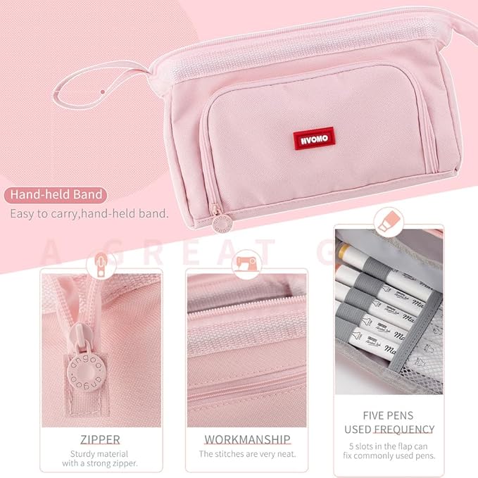 HVOMO Stationery Set,1 large-capacity pencil case,5 quick-drying pens,50 waterproof stickers,2 sticky note pads(200 sheets),1 set of 10-color index labels (200 sheets),Student stationery gift(Pink)