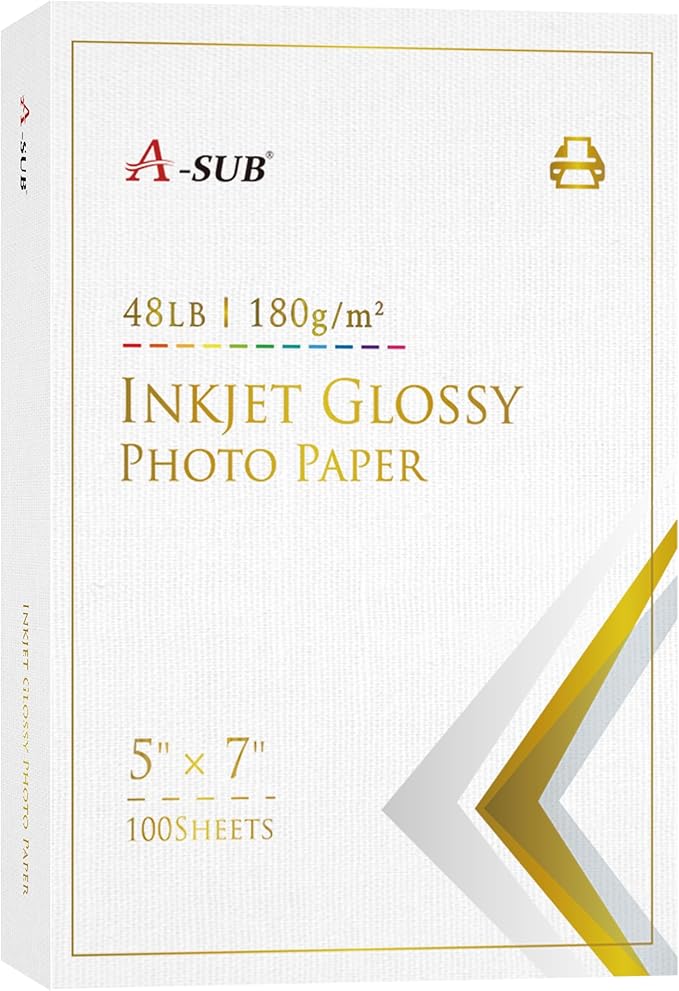 A-SUB Inkjet Glossy Photo Paper 5X7 Inches 48lb 180gsm Professional Glossy Photographic Paper for Inkjet Printers Dye Ink 100 Sheets