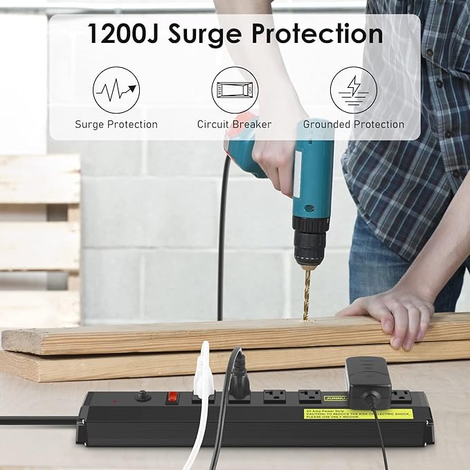 JUNNUJ Heavy Duty Metal Power Strip 20 Amp, High Amp Surge Protector 6 Outlet, 20A Power Strips Workshop Industrial Outlets Wide Spaced 6-20R T-Slot with Circuit Breaker, 12 Gauge Extension Cord 15ft
