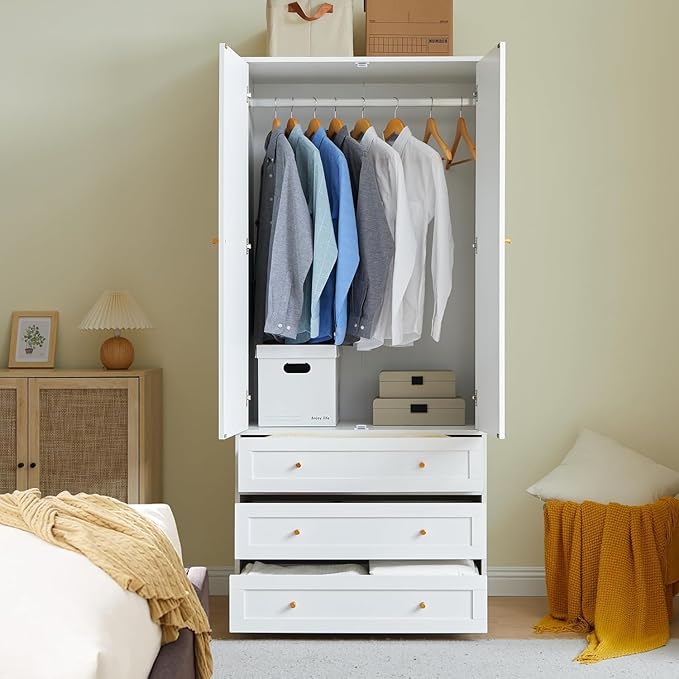 71" Wardrobe Closet Armoire, Wardrobe Armoire Wooden with 2 Doors, 3 Drawers Household Freestanding Wooden Closet Storage Cabinet for Bedroom (White)