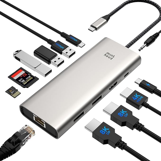 Minthouz USB C Docking Station,12-in-1 Laptop Docking Station Dual Monitor with Dual 8k DisplayPort+4k HDMI+10Gbps, 3 USB A/C, 100W PD, Ethernet, SD/TF, Audio, USB C Hub for MacBook/Dell/HP/Surface