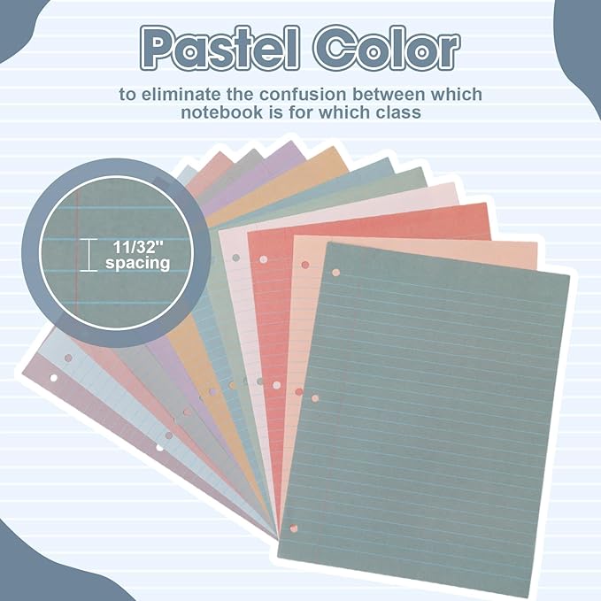 PerKoop 12 Pack 600 Sheets Colored Lined Paper Bulk Wide Ruled 8 x 10.5 Inches, Pastel Loose Leaf Notebook Paper 3 Hole Punched Filler for Back School Classroom Supplies(Retro Color)