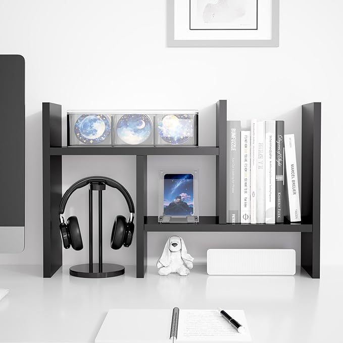 Jerry & Maggie Desktop Organizer Office Storage Rack Adjustable Wood Display Shelf Free Style Double H, Multi-Functional Mini Bookshelf for Desk Natural Stand (Black)