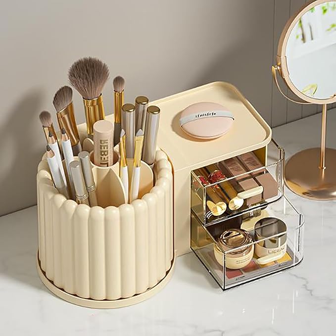 Anyoifax 360 Rotating Makeup Brush Holder 7 Slots Makeup Organizer with Drawer Removable Spinning Cosmetic Storage Pen Holder for Vanity, Dresser, Desk, Beige