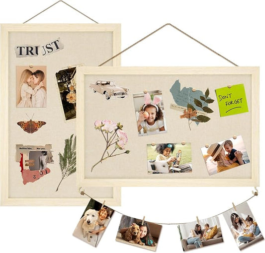 Egofine Cork Board Bulletin Board with Linen, 16x11 Wood Frame Pin Board Wall Decor, 2 Pack Cork Boards for Walls, Hanging Horizontal or Vertically for Office Home Decor School Kitchen, Natural Wood
