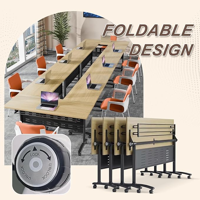 Folding Conference Room Table, Modern Conference Tables with Wheels, Large Rectangular Mobile Training Tables for Office Classroom, Foldable Modular Boardroom Seminar Table Maple (8pack L70.9in)