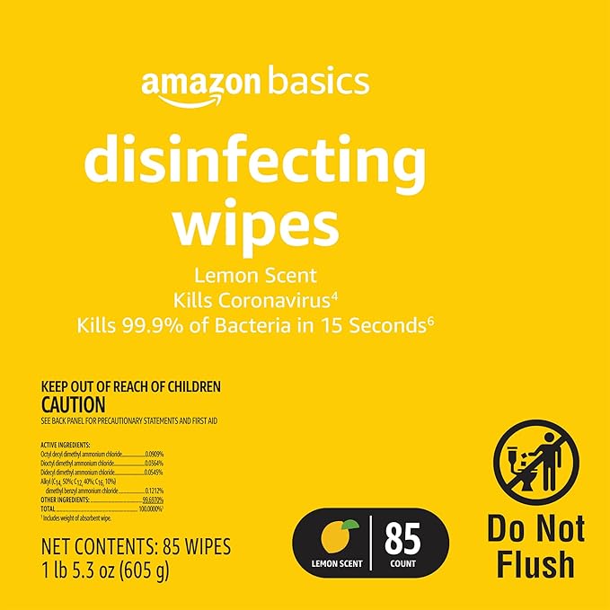 Amazon Basics Wipes, Lemon & Fresh Scent, Sanitizes, Cleans & Deodorizes, 255 Count (3 Packs of 85)