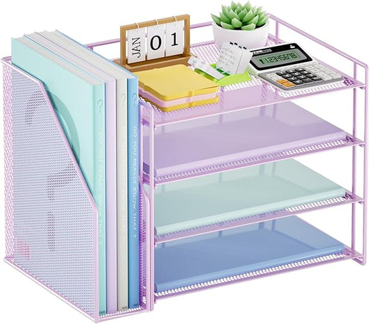 Marbrasse Desk Organizer and Accessories，4-Tier Paper Letter Tray Organizer with File Holder，Desk Accessories & Workspace Desktop Organizers for School Home Office Supplies (Purple)