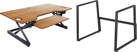 Rocelco 46" Large Height Adjustable Standing Desk BUNDLE - Quick Sit Stand Up Dual Monitor Riser - Gas Spring Assist Computer Workstation - Retractable Keyboard Tray - Teak wood Grain (R DADRT-46-FS2)