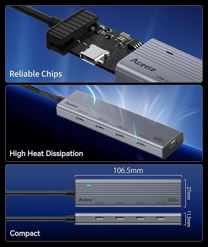 Aceele USB C Hub 10Gbps, USB 3.2 Gen 2 Hub with 4 USB-C 3.2 Ports, 100W Power Delivery, 2FT Cable High Speed USBC Multiport Splitter for MacBook Pro/Air, iMac, iPad Pro(Not Support Extend Monitor)