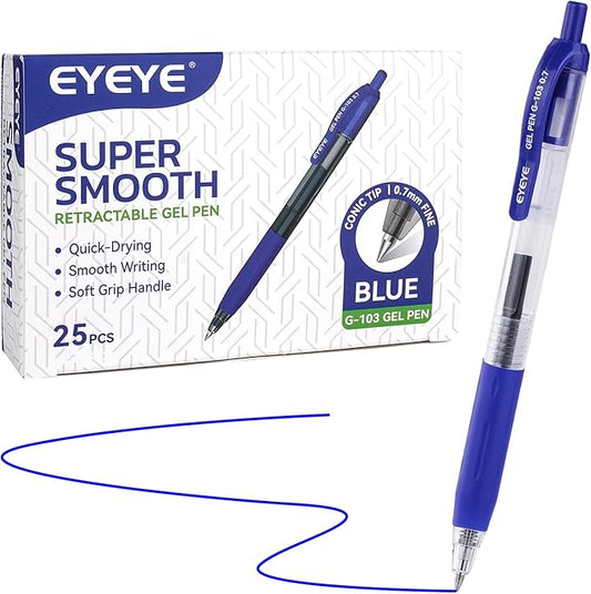 EYEYE G-103 Retractable Gel Pens 0.7mm, 25 Pack 0.7 mm Blue Ink Medium Point Ballpoint Pen Quick Drying, Pen Fine Point Smooth Writing Pens for for Office School Supplies